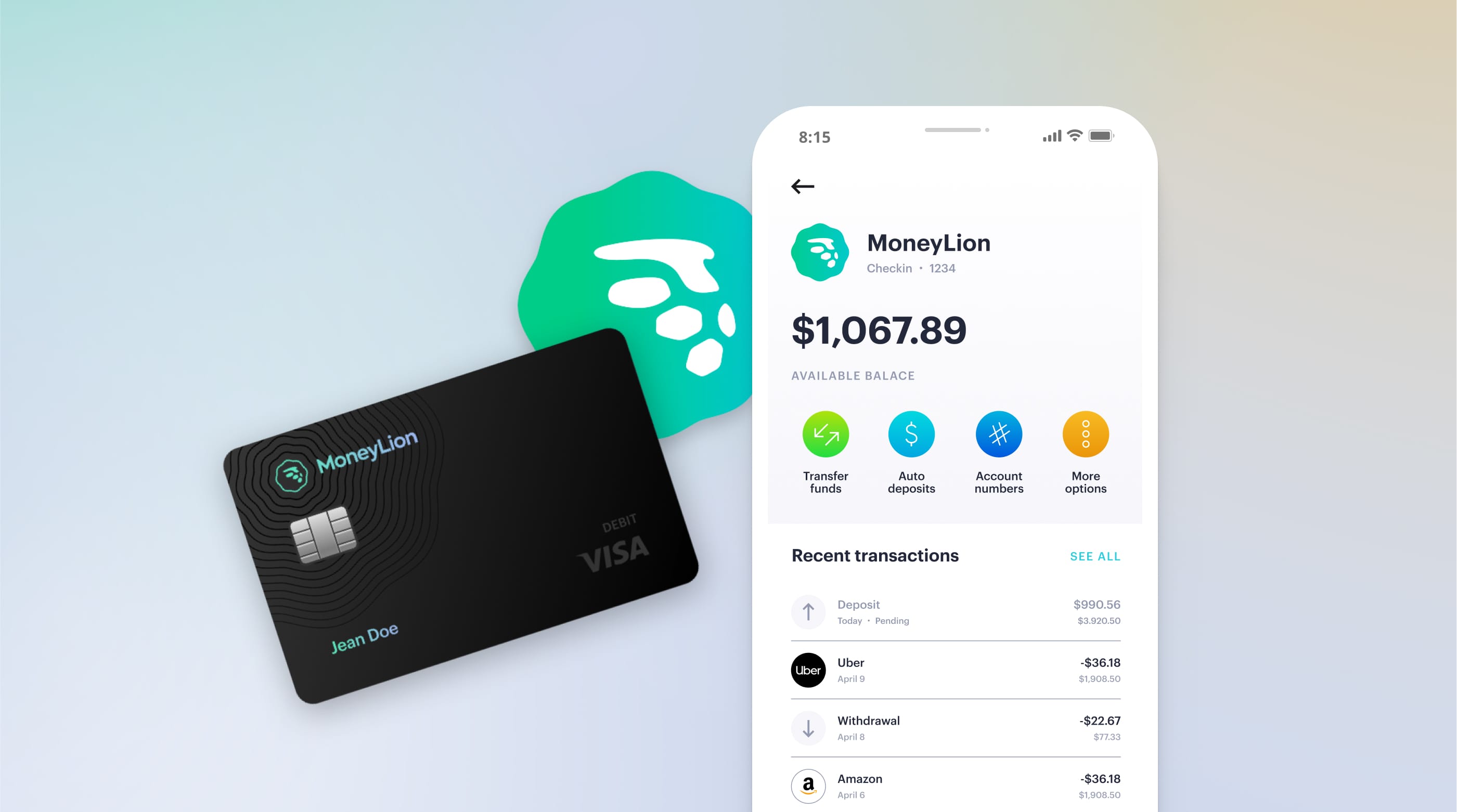 MoneyLion's mobile banking app interface with debit card