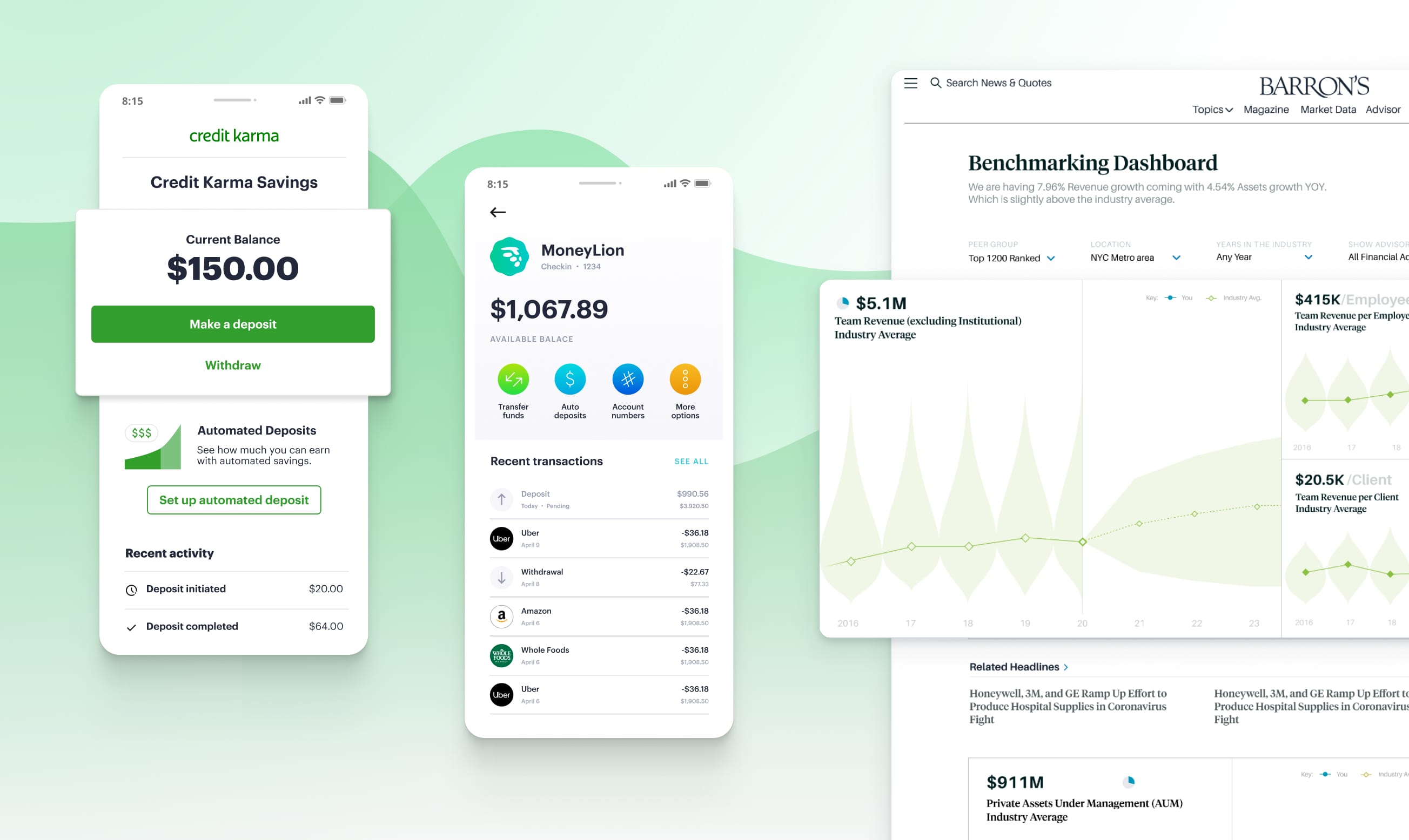 Mobile and desktop interfaces of MojoTech's fintech consulting and development engagements.