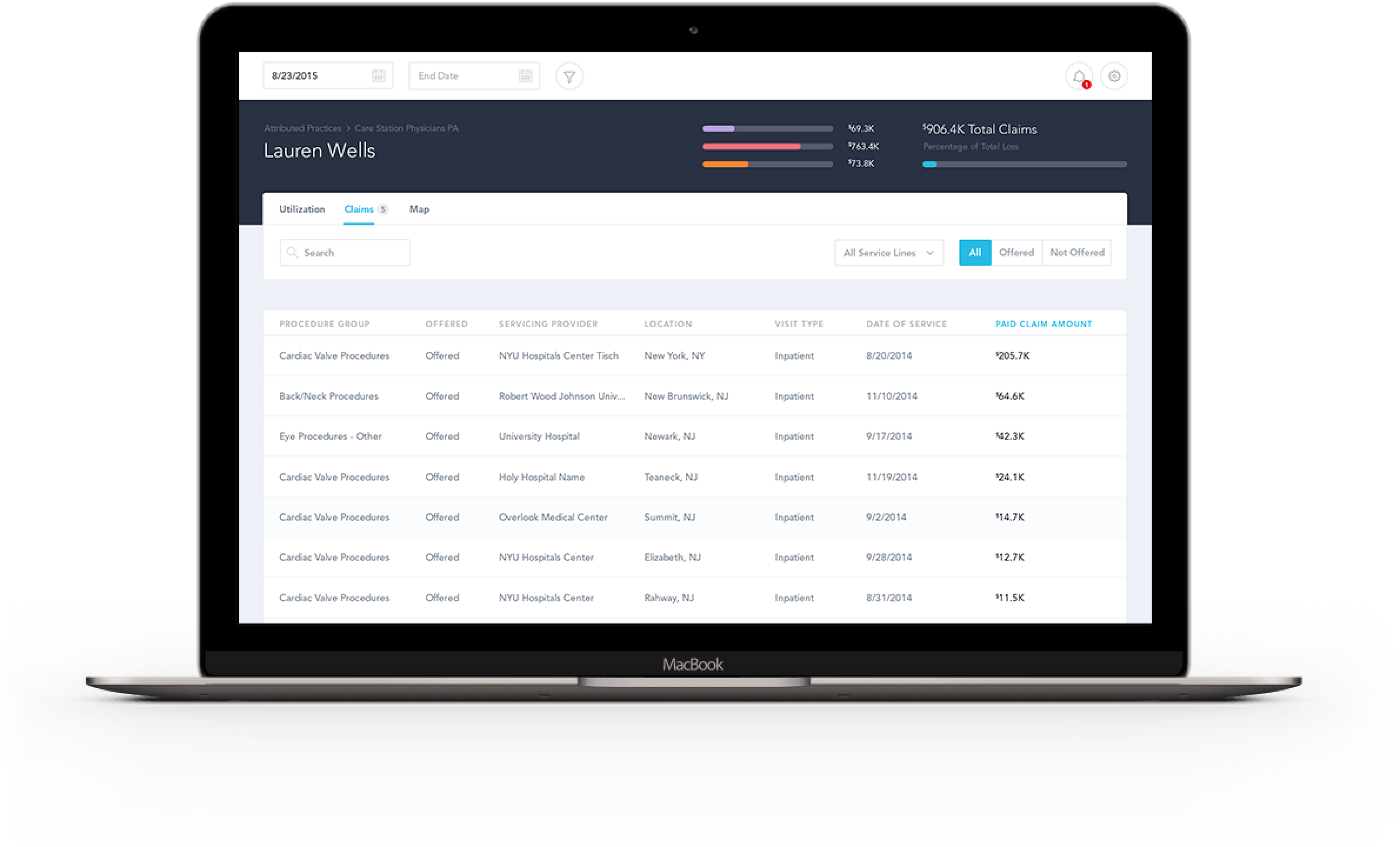 Laptop with patient data and analytics for value-based care.