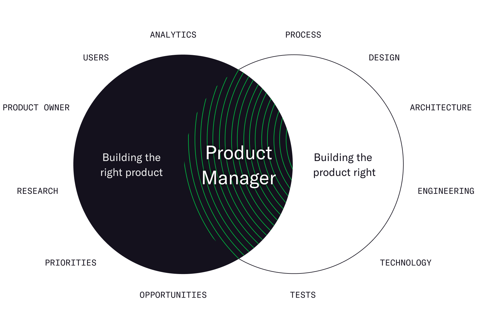 Venn diagram of MojoTech's product managers developing the right product the right way.