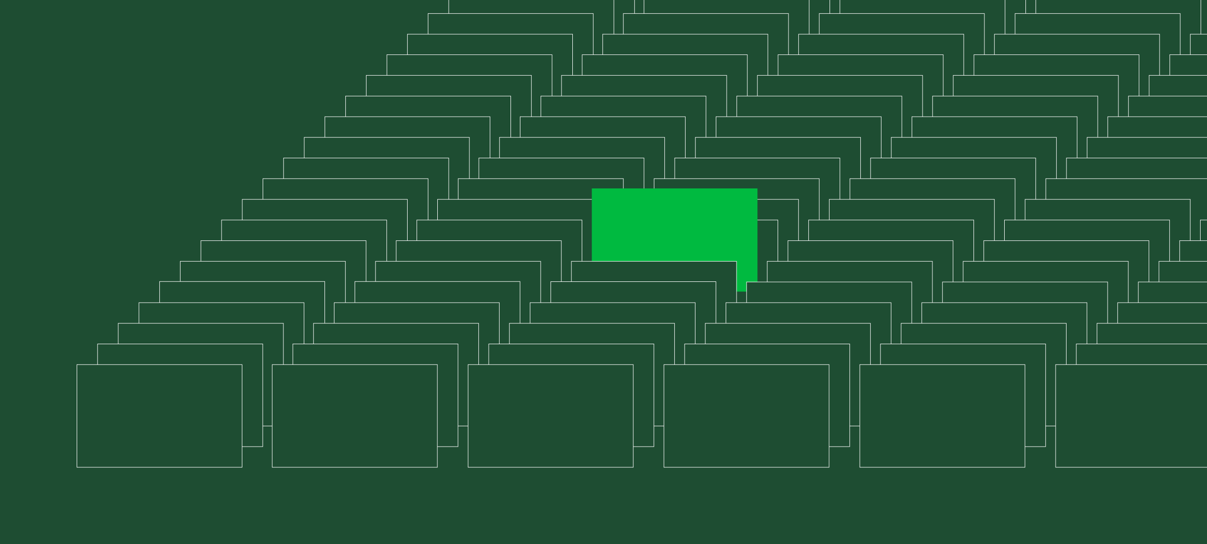 Illustration of rectangles on forest green background, with one bright green