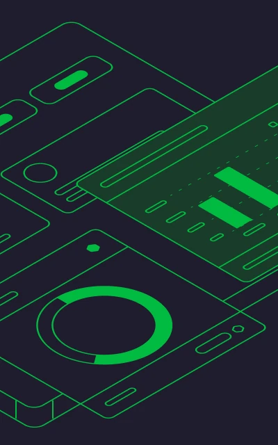 Illustration of product interface wireframes and dashboard analytics.