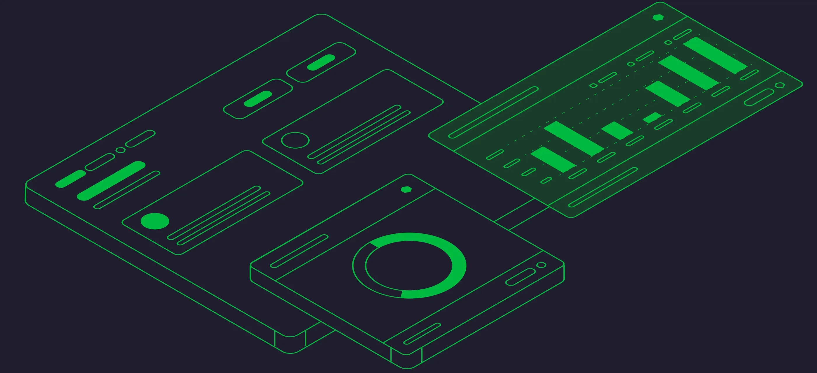 Illustration of product interface wireframes and dashboard analytics.