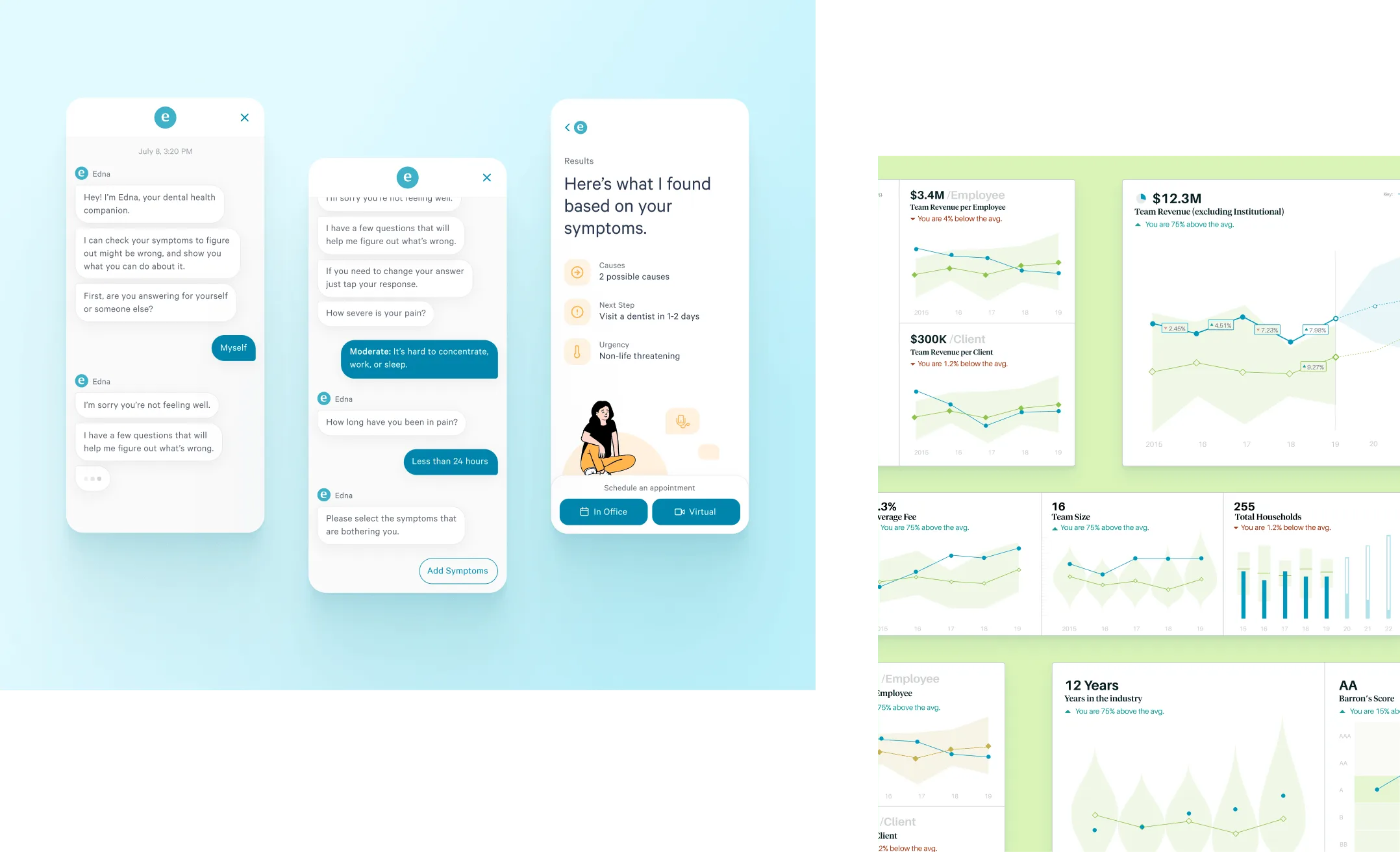 Illustration of product interface wireframes and dashboard analytics.