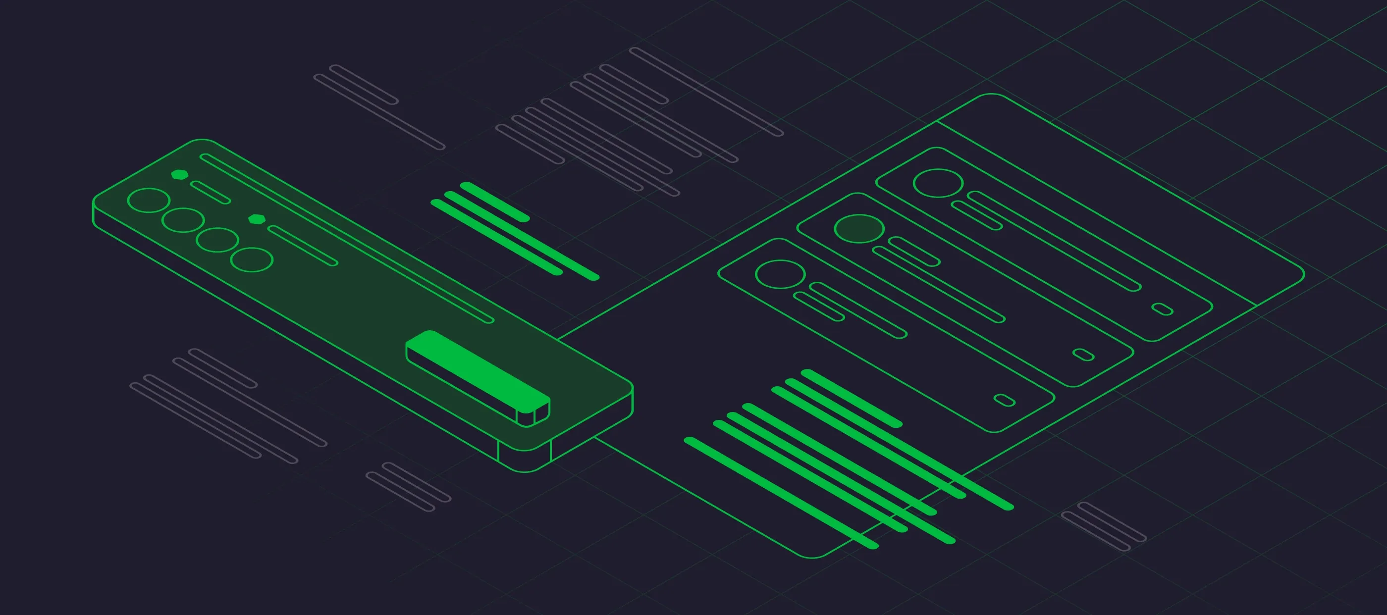 Illustration of connected software interfaces and development tools.