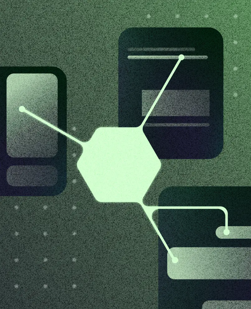 Abstract illustration of interconnected product screens linked through a central hexagon node.